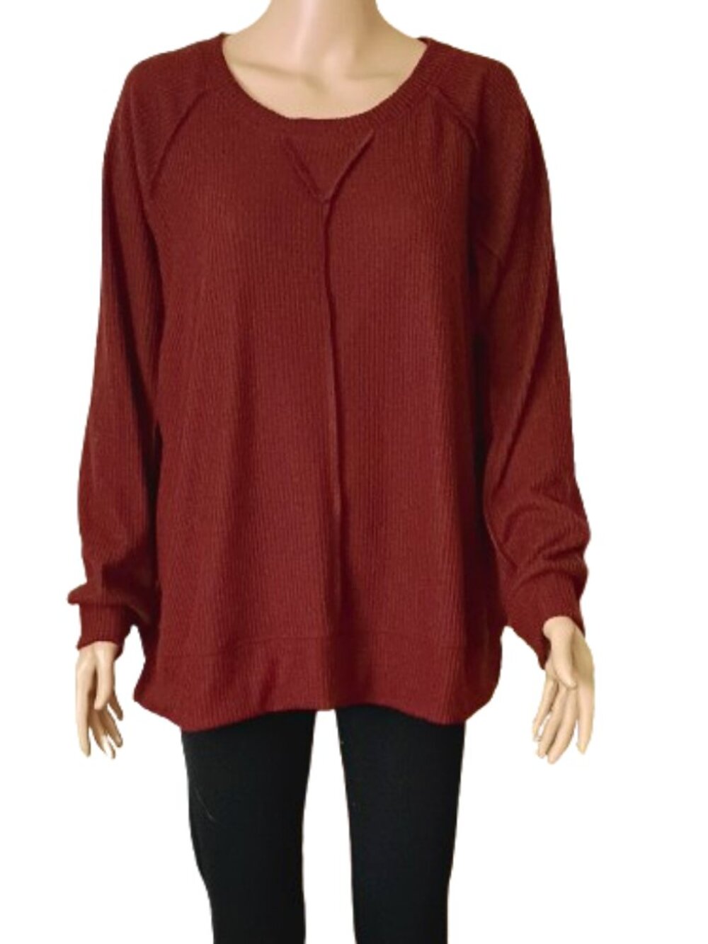 Andree Inside Out Ribbed Sweater XL Women's Burgundy Notch Neck Long Sleeve Top